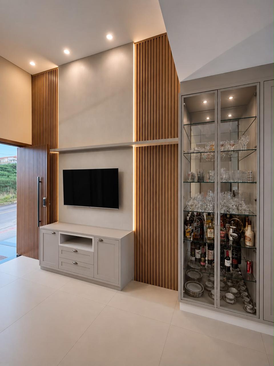 Home theater com cristaleira iluminada